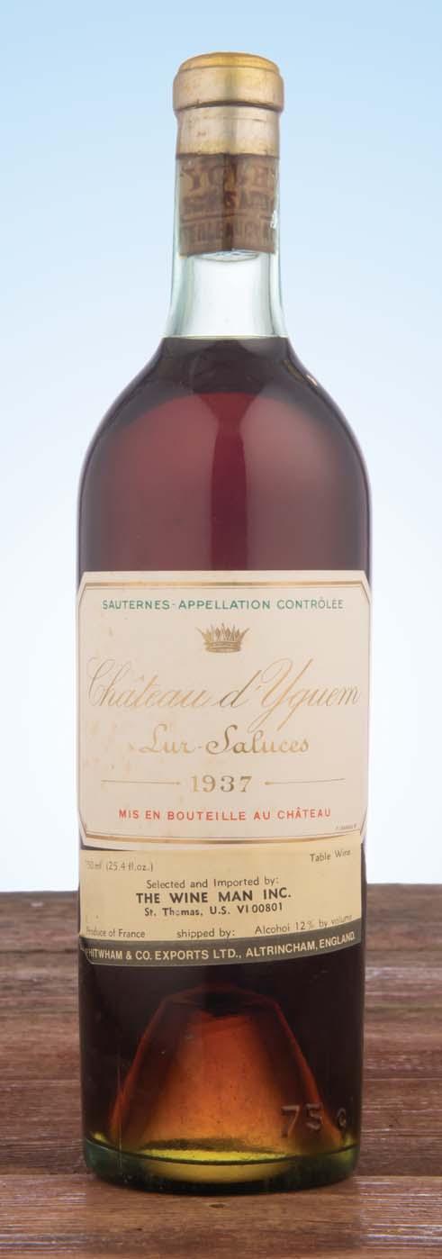 Château d Yquem 1937 Sauternes, premier cru superieur Top shoulder level; slightly damp stained label; deep caramel color...scents of orange rind, mandarin, honeysuckle and melted candle wax.