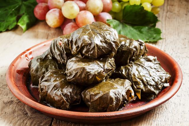 Stuffed vine leaves (koupepia) Delicious vine leaves stuffed with minced meat, rice and herbs.