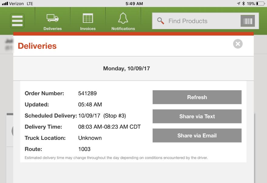 To view Delivery status from the Home page: 1. Tap on Deliveries tab at the top of the screen. 1 2.