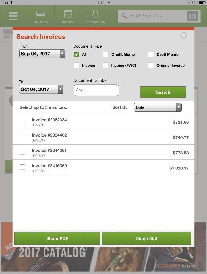 Invoices Users are able to search for, view and share their invoices in a PDF or XLS. 1. Tap on the Invoices tab on the top of the screen 2.