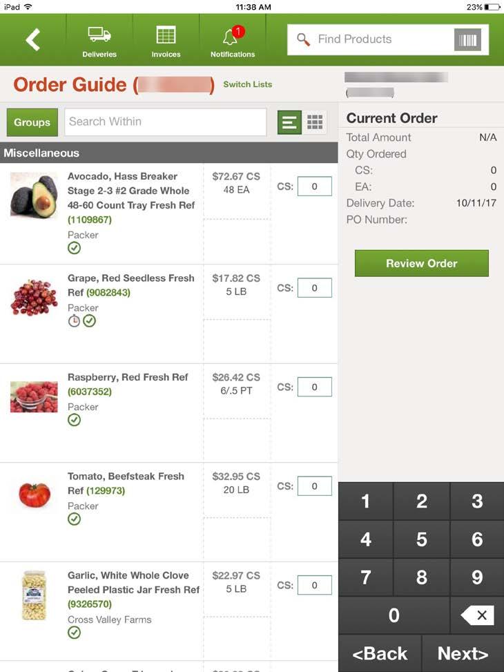 Appendix US Foods Create Order Page Review 1. Displays the current list name. Change to another list at any time. 2. Let s you know your current order total. 3.