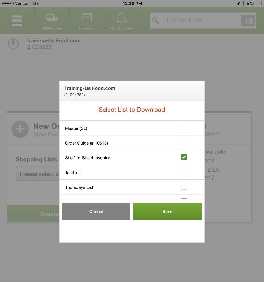 Once the order is entered on the mobile app, the user must reconnect to a wireless signal to submit it to US Foods. Downloading a list for a user ID with one customer number attached: 1.