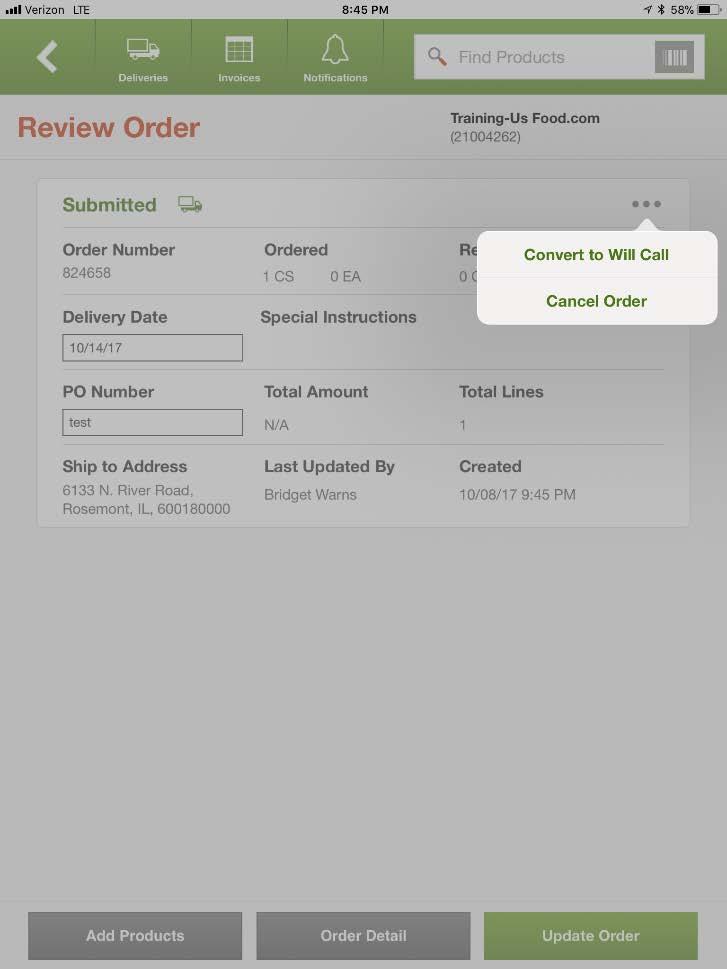 Will Call Orders Orders can be converted to a Will Call order by users who access the mobile app by using their US Foods network