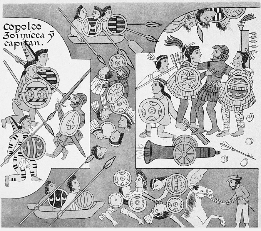 Illustration of the bloody battle for Tenochtitlán between the Spaniards and the Aztecs. The Art Archive/Antochiw Collection of Mexico/Mireille Vautier.