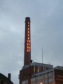 Figure : The chimney of Turku Energia in Turku, Finland, featuring the Fibonacci sequence in 2m high neon
