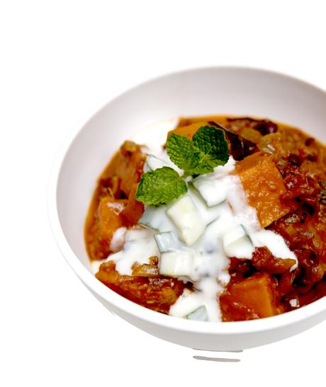 Adzuki bean and pumpkin curry with spinach and coconut raita PREP TIME: 15 MINUTES COOK TIME: 30 MINUTES SERVES: 2 2 cups pumpkin, cubed 1 onion, finely chopped 1 stem curry leaves 1 clove garlic,