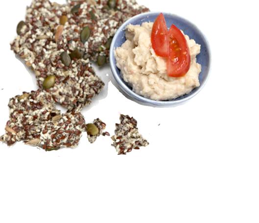 snacks Seed crackers with cannellini bean dip PREP TIME: 5 MINUTES COOK TIME: 40 MINUTES MAKES: 9 CRACKERS ¼ cup linseed 2 tbsp. pepitas ¼ cup sesame seeds ¼ cup chia seeds ¼ cup almond meal 1 tbsp.