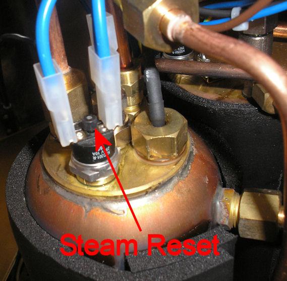 Check the resettable hi-limit switch on each boiler. To do so unplug the machine and then remove the outer shell.