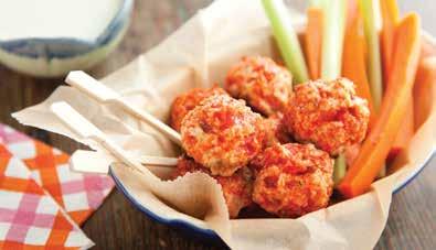 Makes: 10 servings Prep Time: 20 minutes Cook Time: 15 minutes buffalo style chicken bites 1/2 cup light mayonnaise 1/4 cup reduced-fat sour cream 1/4 cup reduced-fat blue cheese crumbles 1 tbsp