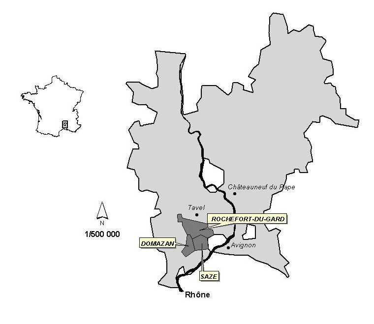 Figure 1. Location of the administrative communes of Rochefort du Gard, Domazan and Saze (Southern Cotes du Rhône, France), where the 15 experimental plots are situated. 2.3.