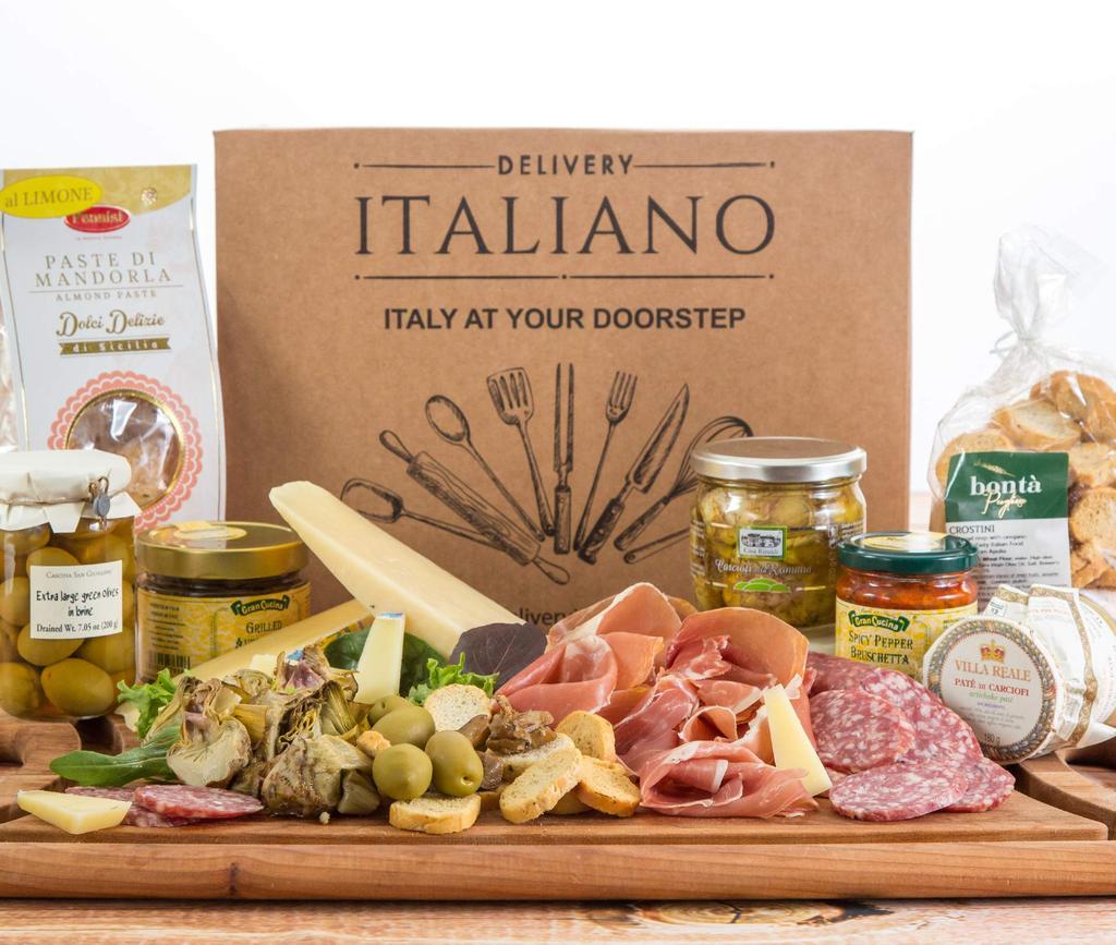 Festa Italiana - DI17 The 10 items found in our Festa Italiana box include several cheeses, salami, prosciutto, olives. eggplant, artichokes and more.