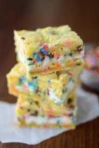 Funfetti Gooey Bars These bars have the top spot on my blog for a reason: they start with a cake mix and come together in minutes.