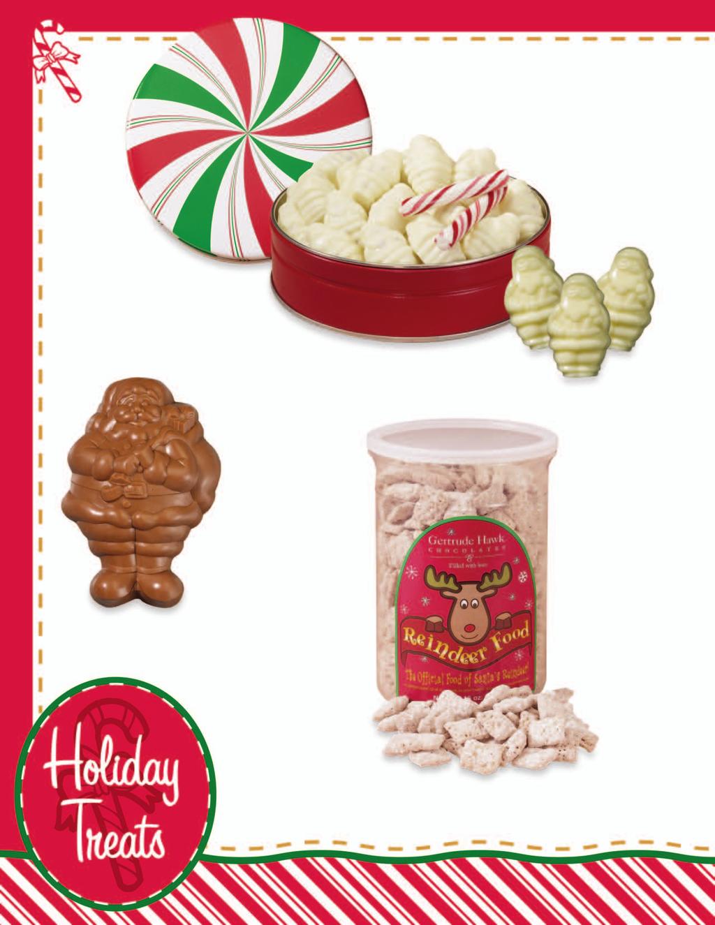 1 Candy Cane Smidgens Papá Noel con dulces de menta Smooth white chocolate filled with a refreshing mint center and crunchy candy cane pieces. Gathered in a peppermint candy themed tin. 7 oz.