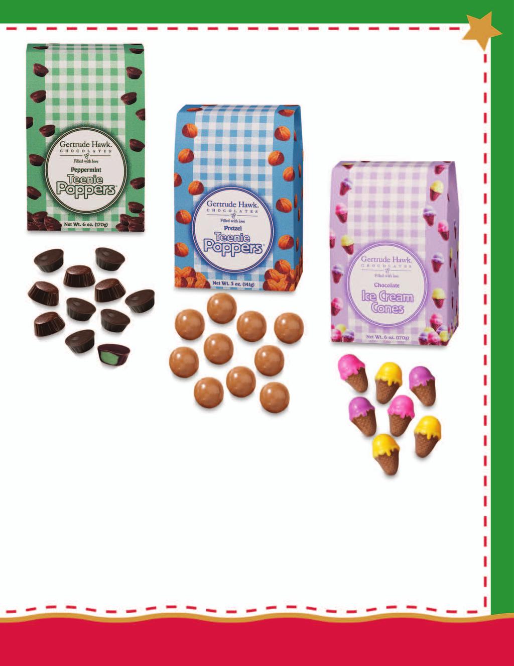 Choose from 6 delightful flavors! 26 Peppermint Teenie Poppers Chocolatitos oscuros rellenos con menta Cool, tiny peppermints wrapped in rich dark chocolate.