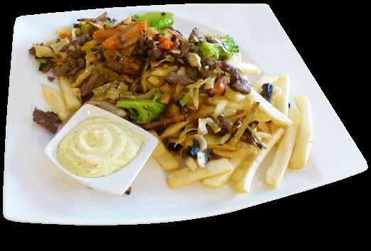 Beef Wok 199,- Marinated beef strips, chipotle sauce, vegetables and rice Contains: Soya Dessert 100.