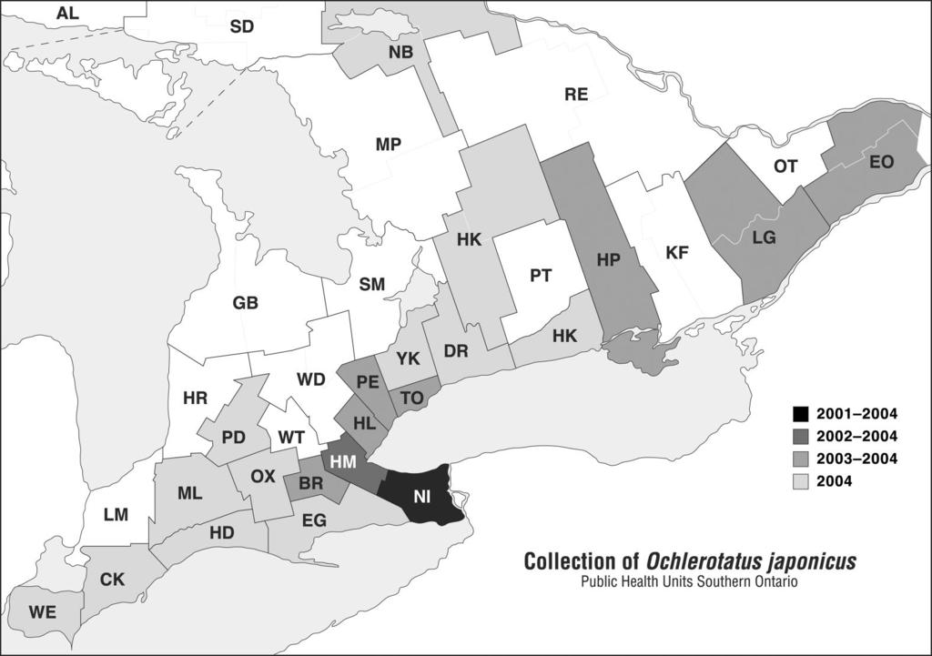 March 2006 THIELMAN AND HUNTER: Oc. japonicus IN ONTARIO, CANADA 141 Fig. 1. Distribution of Oc. japonicus in Ontario from 2001 to 2004. Health unit abbreviations are as in Table 1.