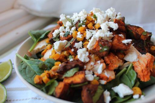 ROASTED CORN AND SWEET POTATO SALAD 200g Sweet Potato 1 x 165g Can Sweetcorn 1 Tsp Cumin Spinach Juice of 1 Lime 1 Tbsp Red/White Wine Vinegar 200g