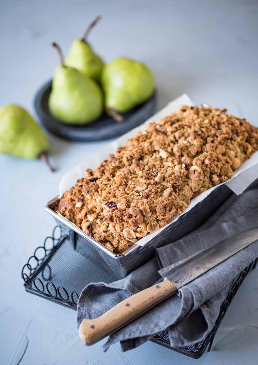 Pear Tahini Crumble Loaf SERVES: 8 PREP: 15 MIN COOK: 90 MIN DIFFICULTY: EASY In season pears give this loaf a natural sweetness, partnered with the earthy, nutty flavours of tahini and hazelnuts.