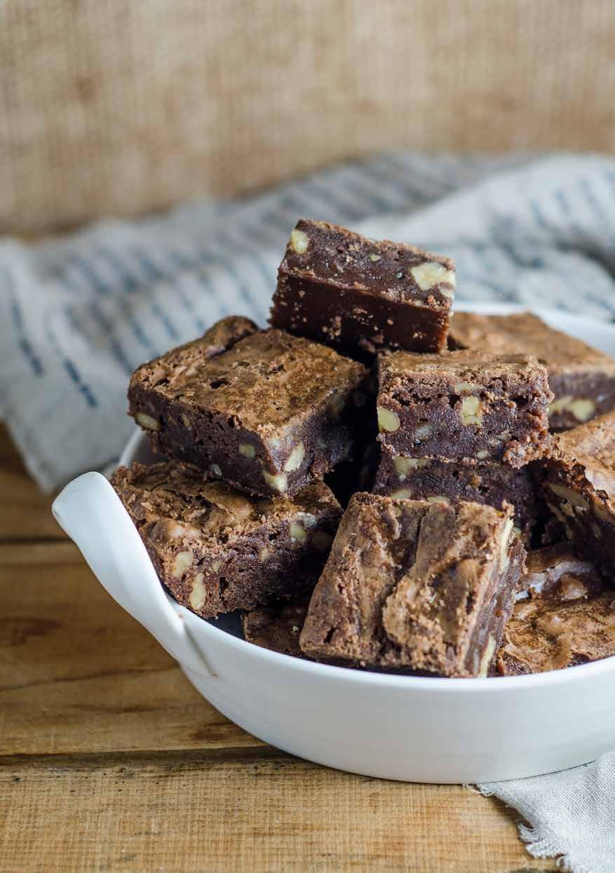 Chewy Chocolate Brownies SERVES: 12 PREP: 30 MIN COOK: 30 MIN DIFFICULTY: EASY Made with dark chocolate and walnuts, the nutty crunch cuts through the rich fudgy brownie texture, meaning you ll
