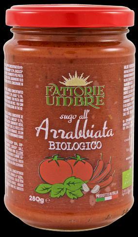 Organic Arrabbiata Tomato Sauce 280 gr. Allergens (2003/89/CE directive): Tomato pulp* 83%, Double concentrated tomato paste*, Extra virgin olive oil*, Sugar*, Salt, Chilli pepper* 0.