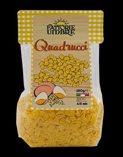 Quadrucci 500 gr. Durum wheat semolina pasta, eggs (20%). Allergens: Cooking Time: Units per pack: Weight of single box: Gluten. Egg.