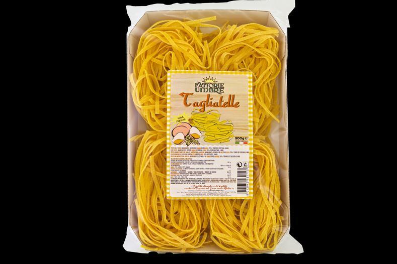 Tagliatelle 500 gr. Durum wheat semolina pasta, eggs (20%). Allergens: Cooking Time: Units per pack: Weight of single box: Gluten. Egg.