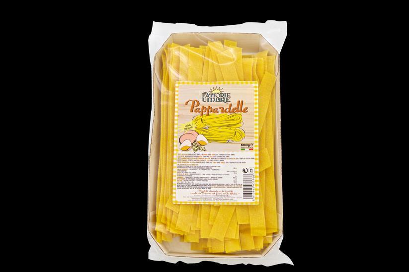 Pa p p a r d e l l e 500 gr. Durum wheat semolina pasta, eggs (20%). Allergens: Cooking Time: Units per pack: Weight of single box: Gluten. Egg.