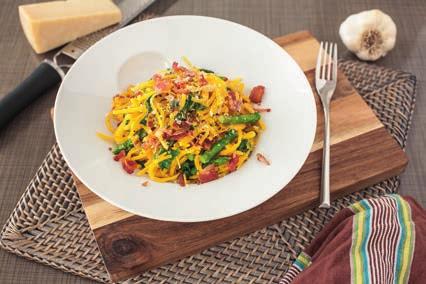 Creamy Butternut Noodles with Bacon (Serves 4-6) Ingredients: 2 butternut squash, top neck only 1 bunch asparagus, top thirds only 2 tablespoons olive oil Salt and pepper 1/2 pound thick-cut bacon