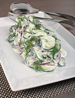 Dill Cucumber Ribbon Salad (Serves 6) Ingredients: 6 large cucumbers, ends trimmed 1 small red onion 16 ounces fat free sour cream 1/4 cup apple cider vinegar 3 tablespoons fresh minced dill 1