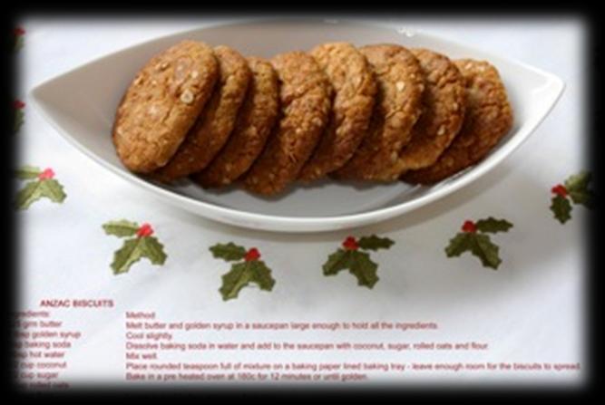 Anzac Biscuits by Sue Walsh Ingredients: 125 grams butter 2 tbsp golden syrup 1 tsp baking powder 1 tbsp hot water 1/2 cup coconut 1/2 cup sugar 1 cup
