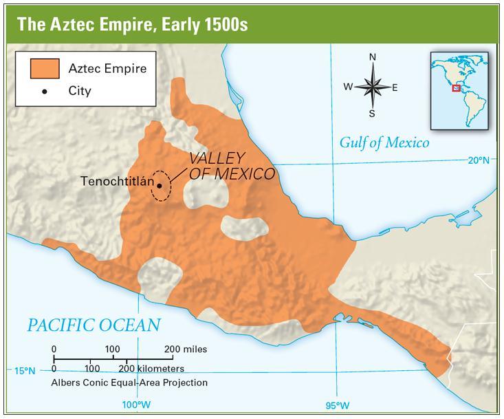 By the early 1500s, the Aztec Empire stretched from the Gulf of Mexico to the Pacific Ocean, as you can see on the map on this page.