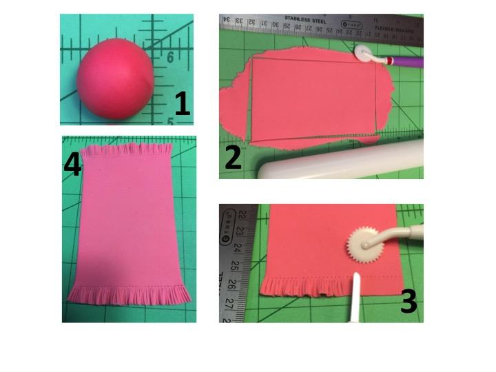 The Pink Mat Roll out the pink sugar paste with the rolling pin without the guiding rings. Using the ruler and the straight edge of the quilting tool cut out a rectangle shape.