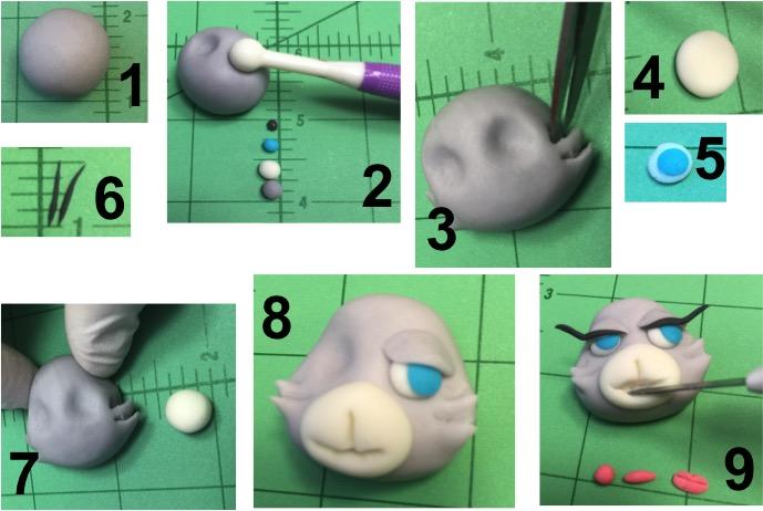 Princess: The Head To make the head, roll a ball of gray sugar paste, mark the placements for the eyes with the small ball tool (image 2).