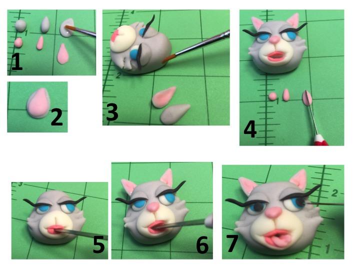 Princess: Ears & Tongue To form the ears roll a small teardrop shape from the gray sugar paste. Flatten gently pressing with your finger (image 1).