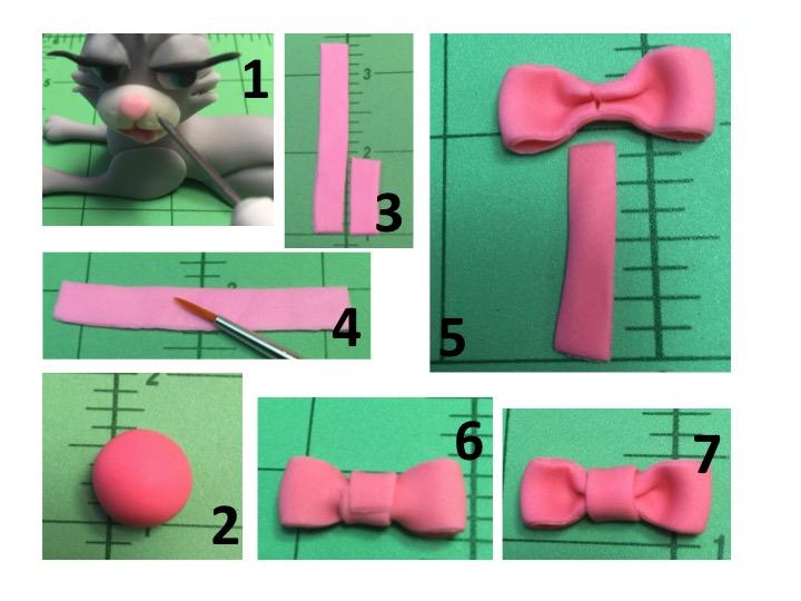 Princess: The Bow From the pink sugar paste, roll a long piece and cut a strip just a little bit longer than 2 inches. Cut a second piece less than one inch long (image 3).