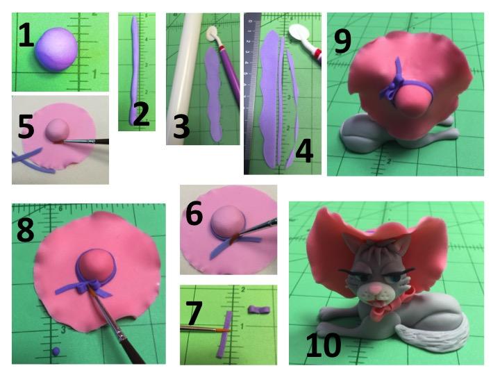 Princess: The Bow For The Hat To make the little purple bow and the ribbon, roll a ball of purple sugar paste to about 4 inches long rope (image 1, 2).