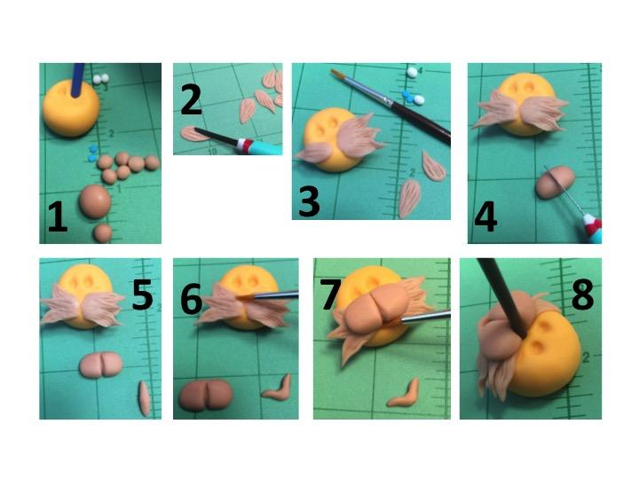 Cheeky: The Head To make the head, roll a ball of orange sugar paste and mark the placements for the eyes with the back end of the small stick tool just above the middle of the face (image 1).