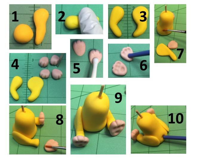 Sparks: The Back Legs To make the legs roll a tapered sausage shape from the yellow sugar paste (image 1, 2). Make both legs at the same time, to ensure that they are the same size (image 3).