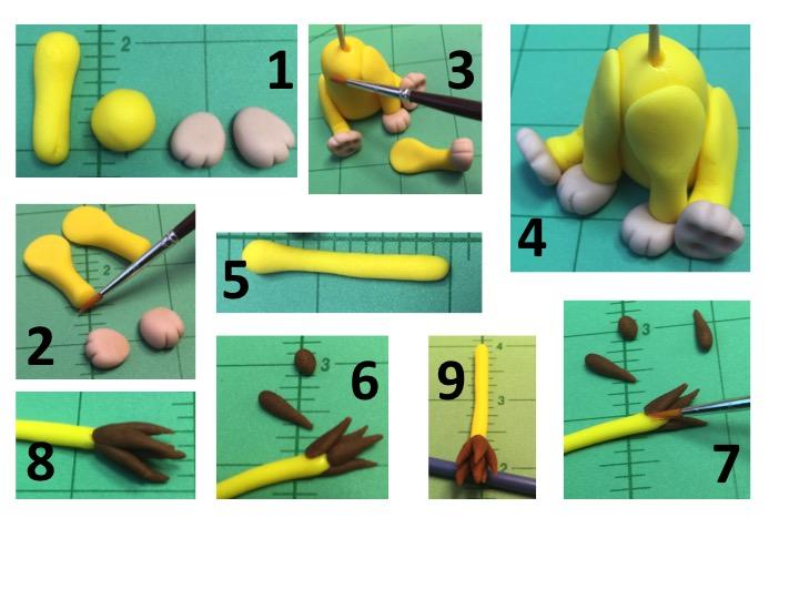 Sparks: Front Legs To shape the front legs, roll the ball into a tapered sausage shape and flatten the top (image 1, 3).