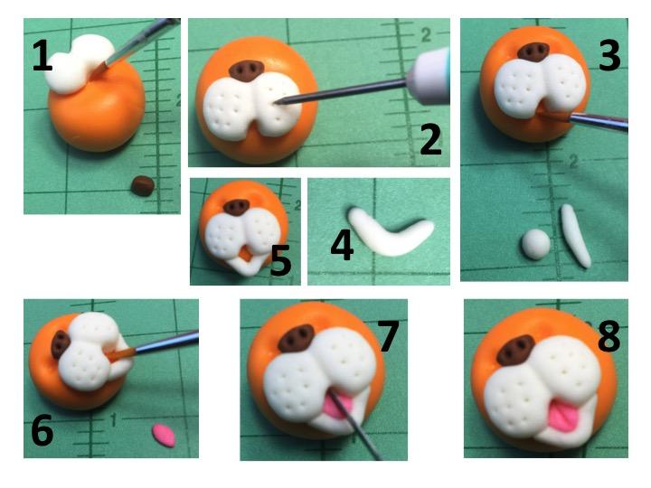 Chance: The Nose & The Mouth Make a triangle shape from the brown sugar paste for the nose and attach with water (image 1). Using the needle tool, mark the whiskers and the nostrils (image 2).