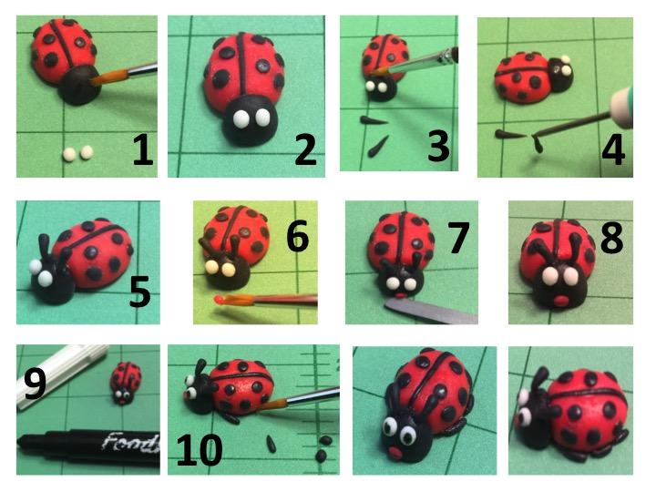 The Ladybug 2 Roll two small eyes from the white sugar paste and attach with water (image 1, 2).