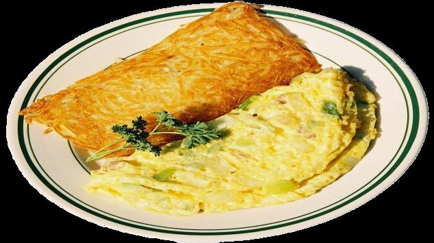 BREAKFAST OMELET FAVORITES Three eggs served with hash browns or home fries and a choice of toast or biscuit & gravy or two butter milk pancakes. Substitute potatoes for fruits add 99 cents.