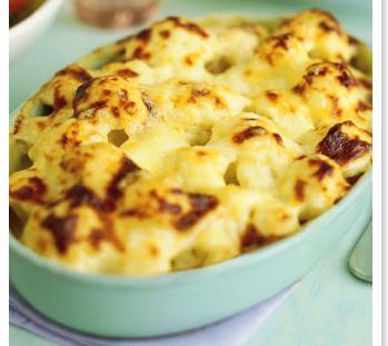 Cauliflower Cheese ½ Cauliflower 125ml Milk 15g Flour 15g Butter Pinch of mustard Salt & pepper 50g Grated cheese. 1. Place cauliflower in a pan with enough water to cover & cook gently until soft.