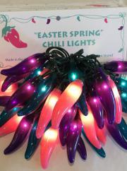 5 volt bulbs. Minimum Order of 12. Item number: 6C Easter Spring Chili Lights Pink/Purple/Turquoise.