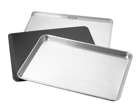 Cookie Sheets These range in size (half and full sheet pans) and are usually made of metal or a combination of metals, and have only one edge to them, or all four as a
