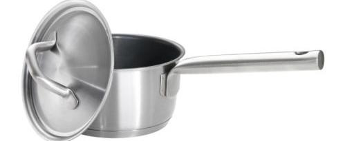 SAUCEPAN WITH LID Has a long handle and straight sides.