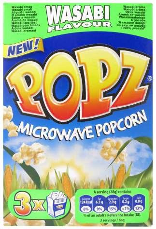 Popz Microwaveable with Wasabi Flavor Popz United Kingdom Event Date: May 2014 Price: US 3.23 EURO 2.27 Description: Three bags of wasabi flavored microwaveable popcorn, held in a carton box.