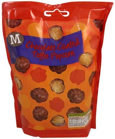 M Chocolate Coated Toffee Morrisons United Kingdom Event Date: Apr 2014 Price: US 1.62 EURO 1.14 Description: A 140g resealable plastic pouch of toffee coated popcorn covered in smooth milk chocolate.