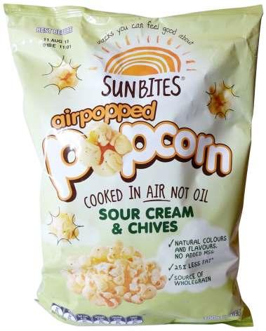 Sun Bites Sour Cream & Chives Air Popped Pepsico Australia Event Date: May 2013 Price: US 3.17 EURO 2.23 Description: Sour cream and chives flavored air popped popcorn in a 100g foil bag.