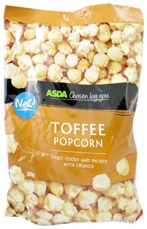 Asda Chosen By You Toffee Asda United Kingdom Event Date: Jul 2014 Price: US 1.38 EURO 0.97 Description: Toffee flavored popcorn in a 200g plastic packet. Sweet, sticky and packed with crunch.